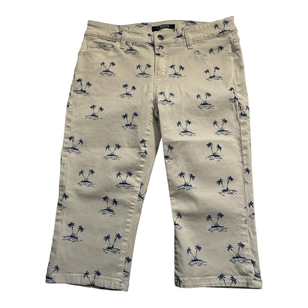 Chaps Women Tropical Palm Tree Print White Blue Capri Pants Size 4